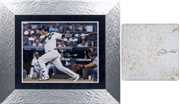 Lot of (2) Gary Sanchez Game Used & Signed Base & Photo With Yankee Stadium Dirt (MLB Authenticated, Yankees COA & Steiner)
